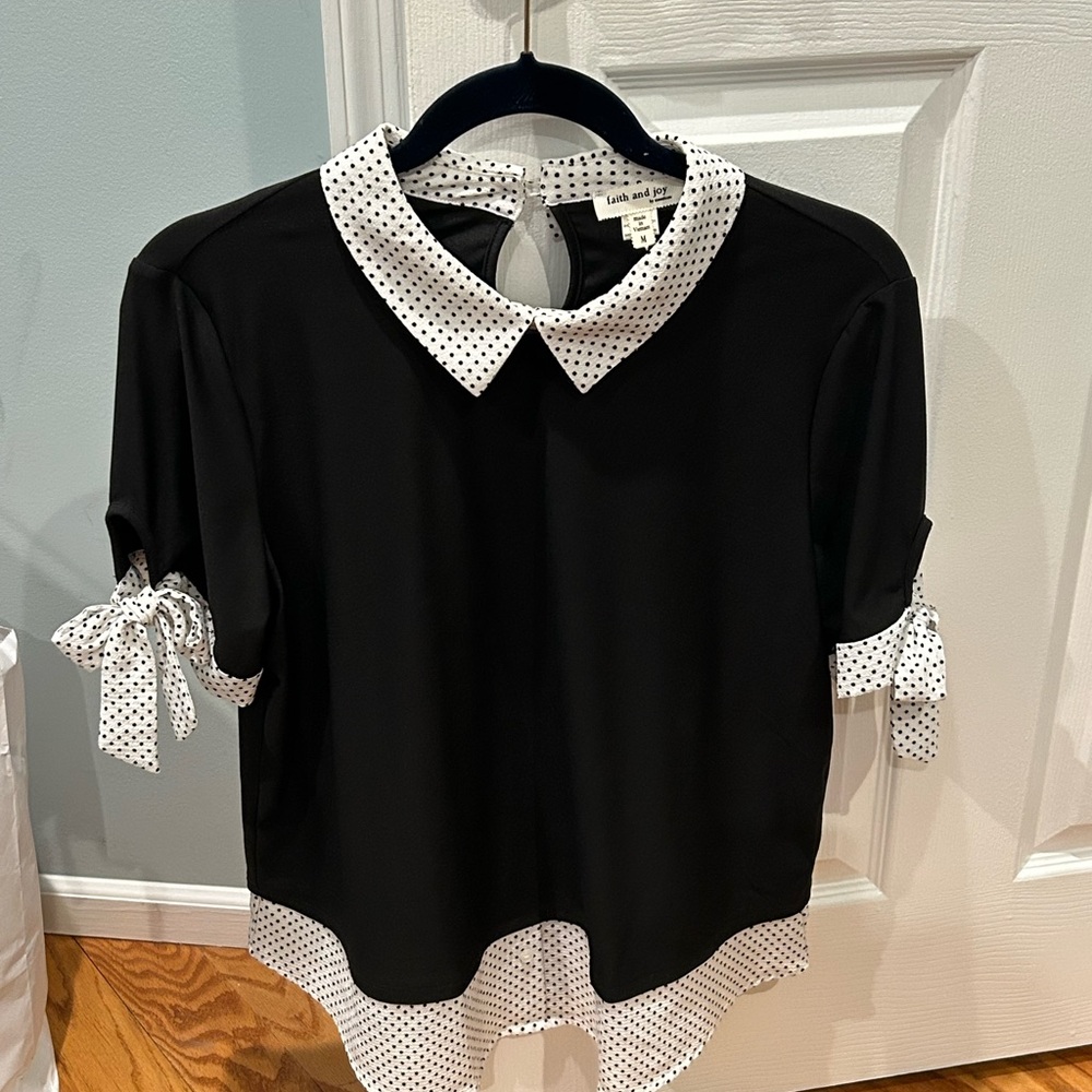 Faith and Joy Black Blouse with White Polka Dot Trim